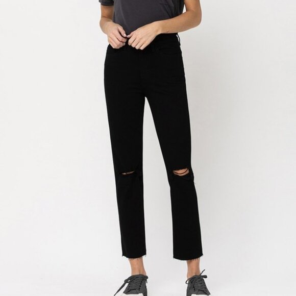 VERVET HIGH RISE STRAIGHT DENIM DISTRESSED RAW HEM - Picture 1 of 2